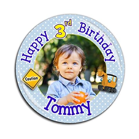 Large 75mm Personalised Boys Digger 1st 2nd 3rd 4th 5th 6th 7th Happy Birthday Photo Badge N44 *Select from 3 Backing Choices - Pin Back/Magnet Back/Mirror Bac Cover