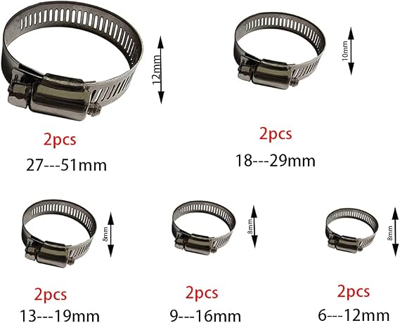 Hose Clamp, 10 Pack 304 Stainless Steel Adjustable 6-51mm Range Worm Gear Hose Clamp, Fuel Pipe Clamps for Automobiles, Pipelines and Mechanical Application
