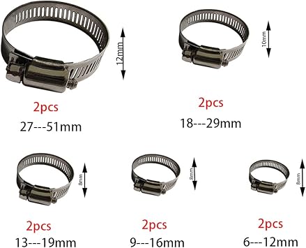 Hose Clamp, 10 Pack 304 Stainless Steel Adjustable 6-51mm Range Worm Gear Hose Clamp, Fuel Pipe Clamps for Automobiles, Pipelines and Mechanical Application