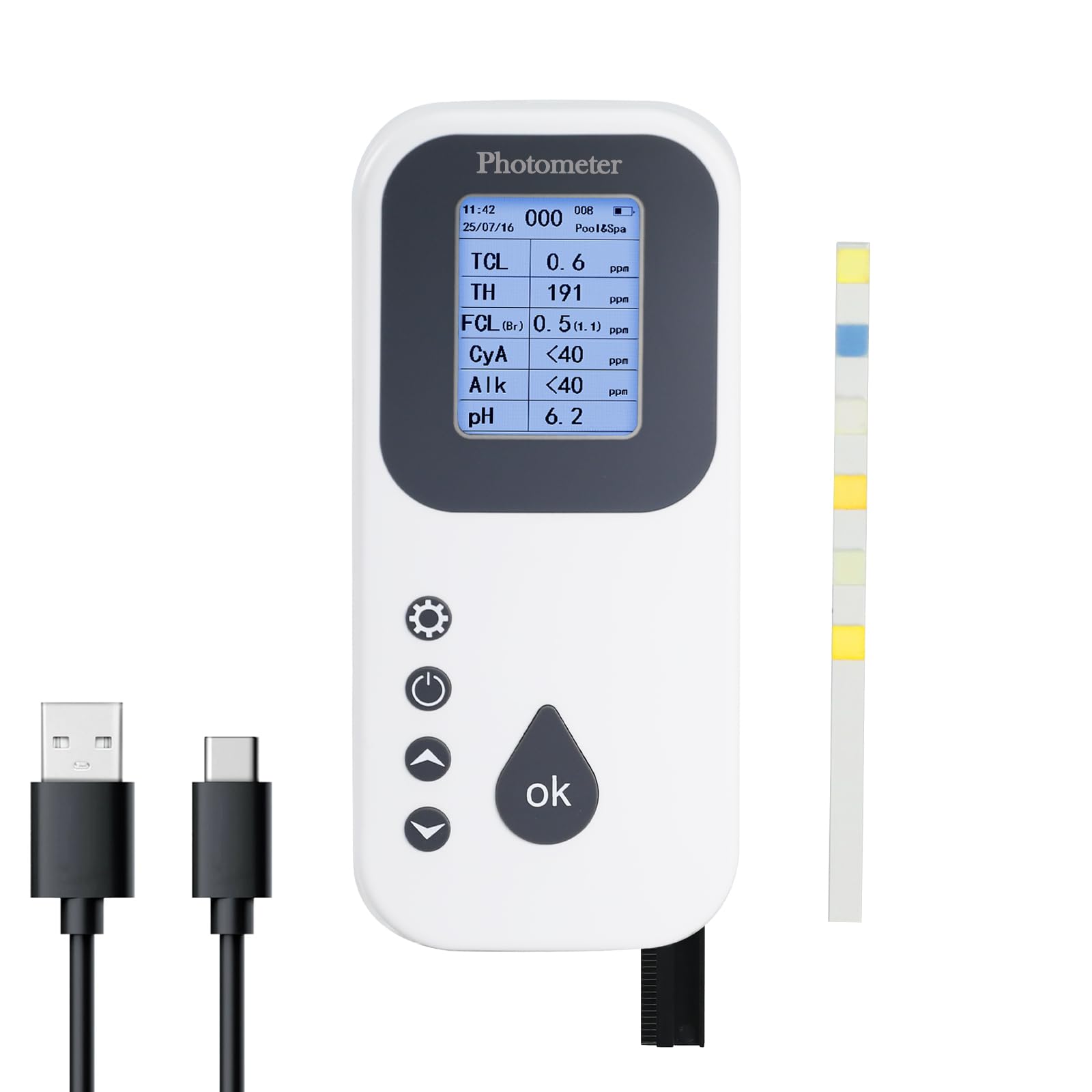 Kit di test digitale 7 in 1 per piscina: misura pH, cloro libero/totale, bromo, alcalinità, durezza, acido cianurico con display LCD e registratore per piscine, spa, idromassaggio