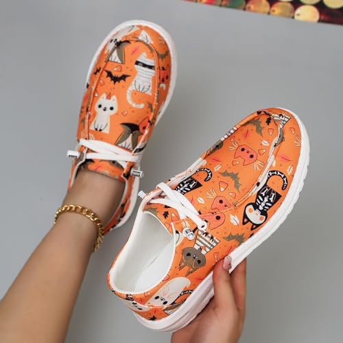 Women's Fashion Halloween Canvas Sneakers,Pumpkin Skeleton Printed Low Top Lace up Walking Shoes Breathable Casual Comfortable Flat Slip-On Shoes Indoor Outdoor4