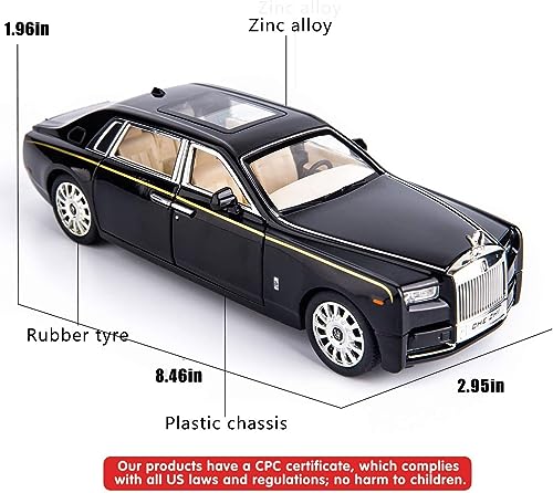 Image of DEOXY 1:24 Scale Diecast Alloy Pullback Rolls Royce Phantom Metal Car Toy With 6 Openable Doors, Lights, And Sounds For Kids,Black