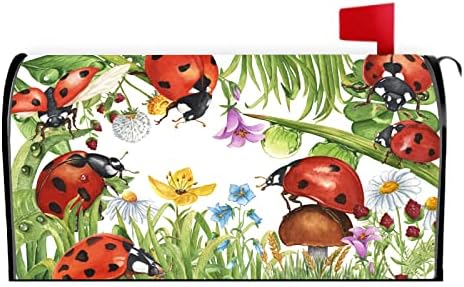Hooetoon Mailbox Covers Magnetic Standard Size，Spring Summer Ladybugs Vinyl Magnetic Mailbox Cover for Garden Yard Outdoor Decor 17.5" X 21"