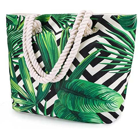 Auniq Beach Bag Women Travel Tote Bag Large Canvas Bag with Cotton Rope Handle and Zipper, Summer Shoulder Bag Sandproof for Beach Picnic Weekend Casual Ladies Holiday Outdoors Camping Swim(Leaves) Cover