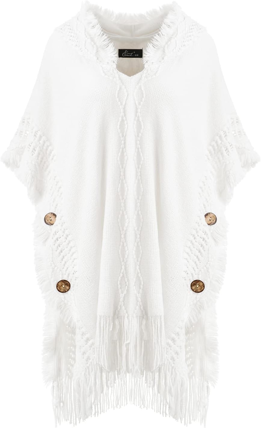 FerandWomen's Casual Poncho Hooded Cape with Decorative Buttons for Fall Winter Holiday 2023