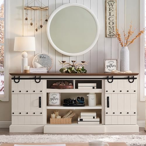 OKD-75-Farmhouse-TV-Stand-for-TVs-Up-to-85-Inches-Large-Rustic-Entertainment-Center-with-Sliding-Barn-Door-Tall-Highboy-Media-Console-Table-with-Storage-Cabinet-for-Living-Room-Antique-White OKD 75 Farmhouse TV Stand for TVs Up to 85 Inches Large Rustic Entertainment Center with Sliding Barn Door Tall Highboy Media Console Table with Storage Cabinet for Living Room Antique White