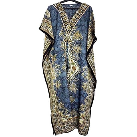Indian Art Design Kaftan Dress Long Size Loose Casual Boho Womens Caftan Kimono Sleeves Maxi Dress (Brown) Cover