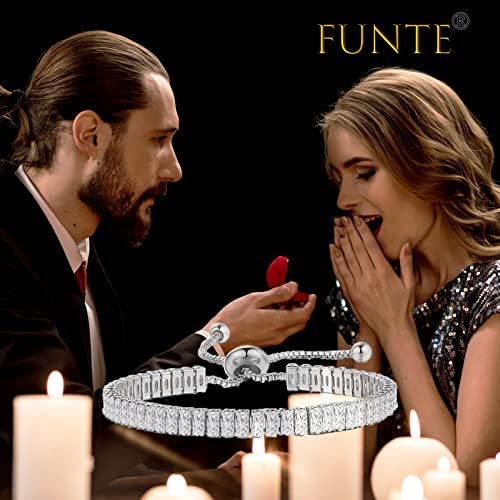 FUNTE® Silver Bracelet for Women- S925 Sterling Silver Tennis Bracelet- Womens Crystal Slider Bracelet- Sparkle Diamond Zirconia Adjustable Bracelet for Girls Lady - Great Gift with Jewellery Box