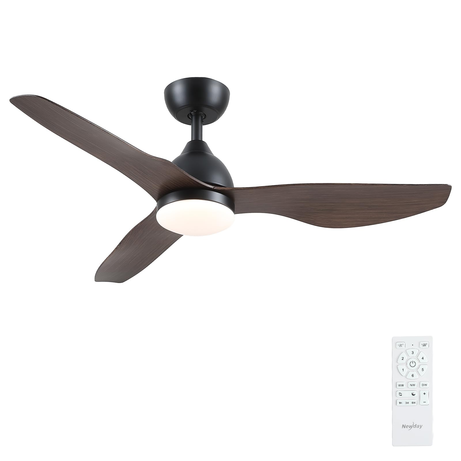 Newday Ceiling fan with Light and Remote, 46” Black Wood Color Ceiling Fan with Lamp Dimmable, Quiet Reversible DC Ceiling Fan with Sleep Mode, 3 Timer for Bedroom Living Room Basement Kitchen Terrace