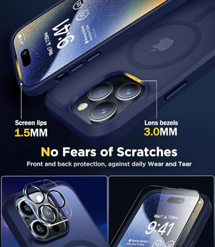 Image of BossKiss Compatible with iPhone 15 Pro Case, [Compatible with Magsafe] [Screen+Camera Protector] Magnetic Translucent Matte Women Men Girl Protective Cover for iPhone 15 Pro 6.1 inch, Deep Blue