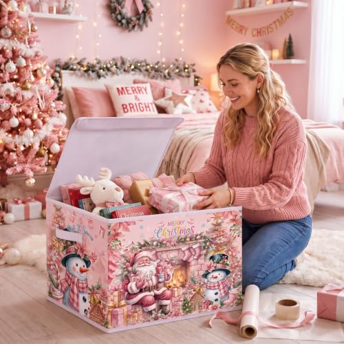 Image of Briwooody Pink Christmas Storage Bin with Lid and Carrying Handle Pink Santa Claus Foldable Storage Box Large Snowman Collapsible Container Basket for Organizing Closet Home Bedroom Xmas Gift