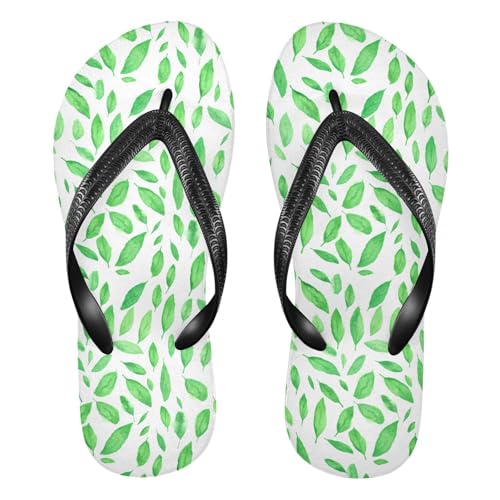 Sinestour Green Leaf White Flip Flops for Beach Thong Sandals Anti-slip Lightweight Flat Slippers for House Indoor Outdoor