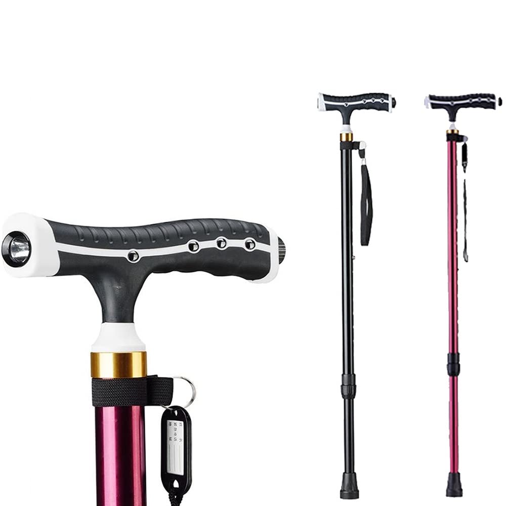 Bastón para Mujer Hombre, Bastón De 220 Libras Muletas Telescópicas con Luz Led, Bastón Independiente Portátil, Altura Ajustable (Color : Black, Size : One Foot)
