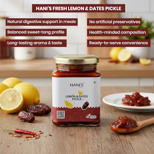 Image of HANI'S Lemon & Dates Pickle | Sweet & Tangy Homemade Style Achar | Authentic Indian Pickle | No Preservatives | Fresh Lemons & Dates | 250g Glass Jar