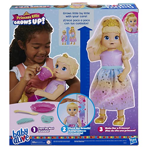Baby Alive Big Princess Ellie Doll 18 Inch (45cm) Baby Growing Princess Talking in English/Spanish Doll for Ages 3 and Up with 9 Accessories, Hair Color Blonde F5236