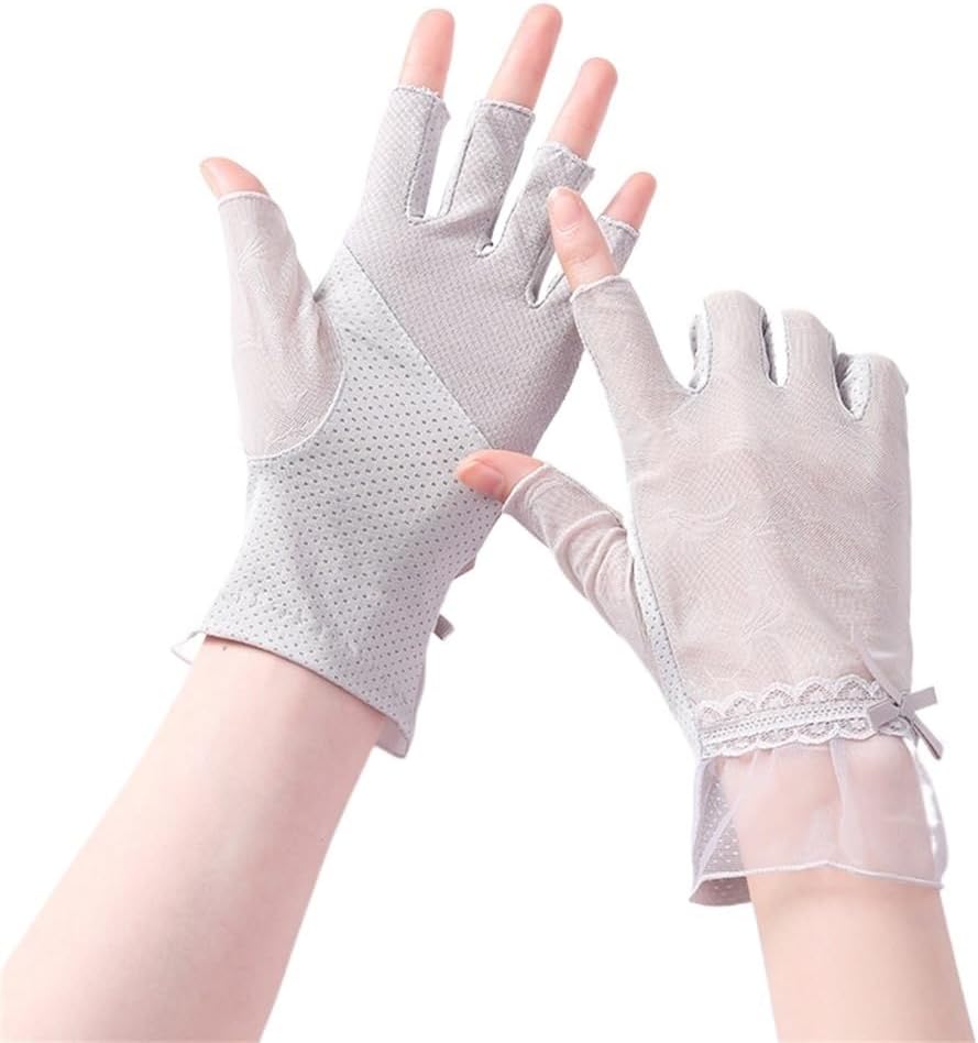 Half-Finger Ice Silk Thin Gloves Ladies Fingerless Driving and Riding Breathable Lace