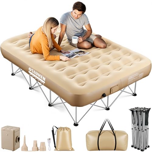 Enhanced Queen Air Mattress with Frame, Self-Inflating Air Mattress Built in Pump 25 Raised, 500 LBS Capacity Sturdy Portable Folding Blow-Up Bed for Camping, Home Guests & Travel Vacation,80 x 60