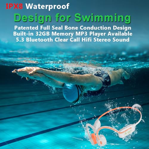 Image of AYI Professional Swim Headphones True Bone Conduction Open Ear Headset MP3 Player Built-in 32G Memory IP68 Underwater Waterproof Bluetooth Earphone for Driving Bicycling Running Skiing-White