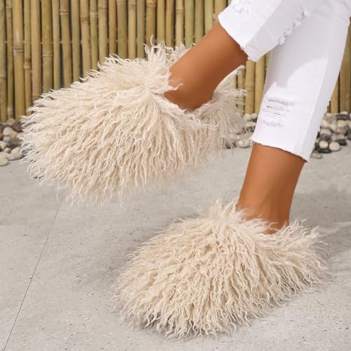 Image of Unisex Fuzzy Faux Fur Slippers, Women's Fluffy Long Hair Sheep Faux Fur Slip on Slides, Girls Luxury Big Fluffy Outdoor Flat Slippers, Long Curly Hair Non-Slip Warm Home Slide Shoes