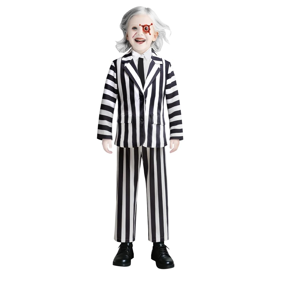 Chłopcy Czarno-białe paski Kostium na Halloween Wielkanoc Postać Postać Cosplay Outfit Chłopcy Wakacje Dress Up 3-częściowy zestaw