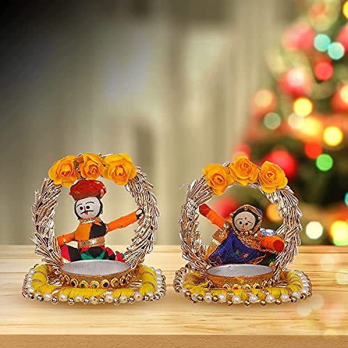 Image of JH Gallery Handmade Recycled Material Rajasthani Dolls Puppet Jharokha Tealight Candle Holder, Multicolor (1 Pair), Recycled Material