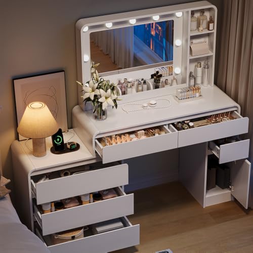 Image of 60.2 inch Makeup Vanity Desk with Charging Station, White Makeup Dressing Table with Mirror & Lights, 3 Lighting Modes Adjustable Brightness, Vanity Table with Power Outlet and 6 Drawers