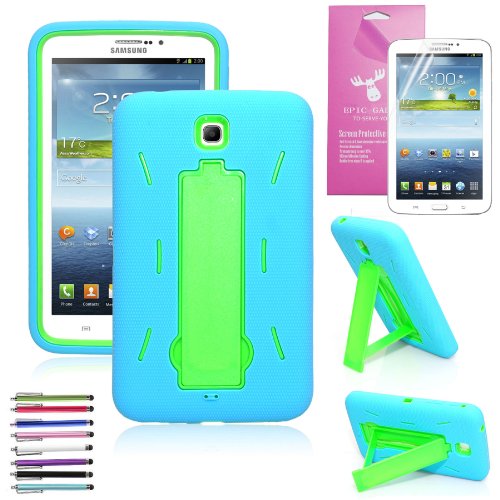 EpicGadget Shockproof Heavy Duty Rugged Impact Hybrid Case with Build In i Kickstand for Samsung Tablet Galaxy Tab 3 7.0 with Screen Film - Blue Green