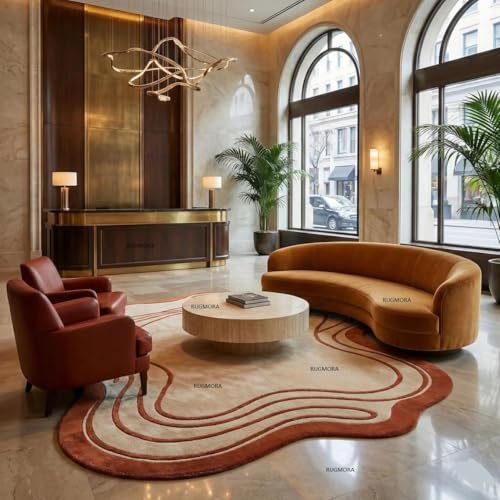 Image of Handmade Woollen Rug 6x8 Ft - Modern Irregular Shape Aesthetic Carpet, 1 Inch Thick Pile, Anti-Skid Backing, Soft Hand Tufted Wool Area Rug for Living Room, Bedroom, Hall Decor
