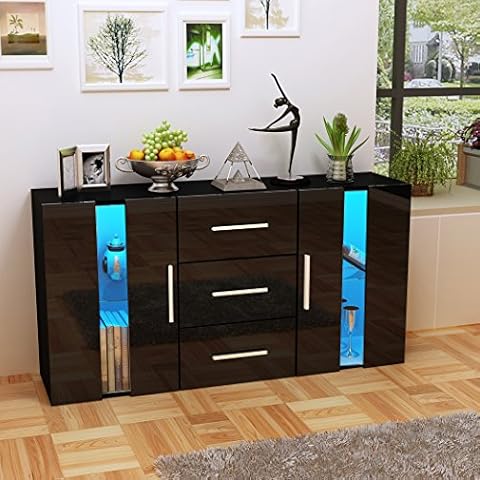 Britoniture High Gloss Front Sideboard Storage Cupboard Living Room Cabinet Multicolor RBG LED Lights Black Cover