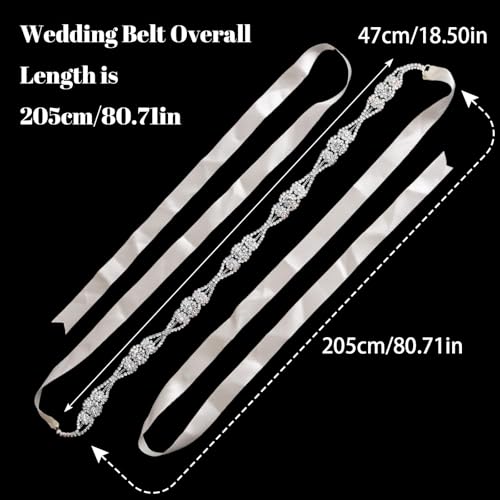 Wedding Bridal Ribbon Belts, White Ribbon Sparkle Belt Distinctive Silver Rhinestone Belt Sewn for Women Accessories Dress Matching, 2meters2