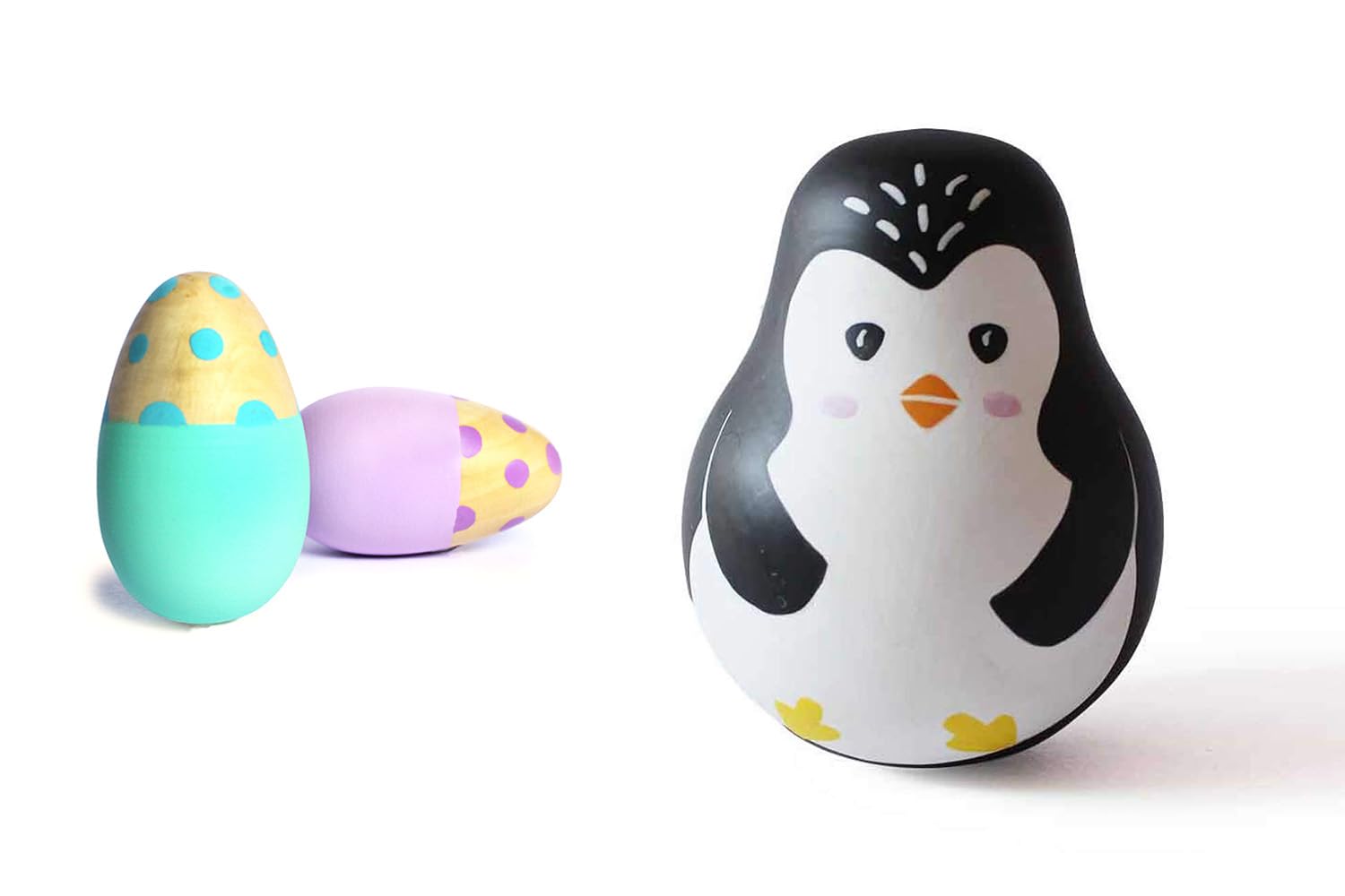 Shumee Wooden Penguin Wobbler Toy & Egg Shaker Combo