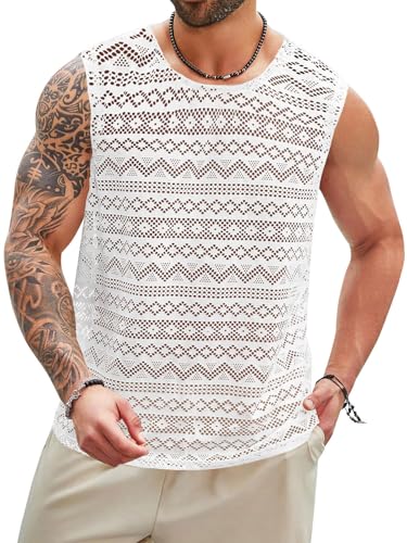 Beotyshow Mens See Through Vest Crewneck Sleeveless Tank Tops Muscle Sexy Lace Mesh Shirts2