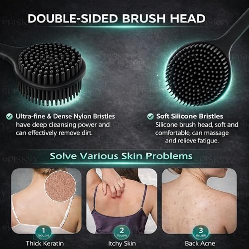 Image of Episkey Soft Silicone Back Scrubber Shower Bath Brush with Long Handle | Flexible Bristles for Smooth Skin | Exfoliating Brush | Body Scrubber for Women, Men & Boys| for Body Wash & Bathing