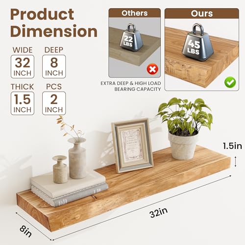 Image of Acovy Extra Deep 32 inch Long Live Edge Rustic Floating Shelves for Wall, Solid Wood Wall Shelves with Invisible Bracket Mount for Living Room Bathroom Bedroom Kitchen, Set of 2, Natural
