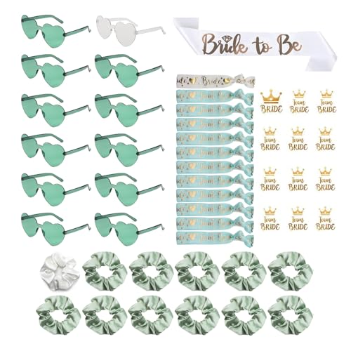 49 Stück Jga Accessoires Frauen, JGA Brille Team Braut Haargummi Armbänder für Junggesellenabschied Frauen, 1Bride to be schärpe +12 Herzförmige Brille +12 Haargummi+12 Armband+12 Aufkleber, JGA Deko