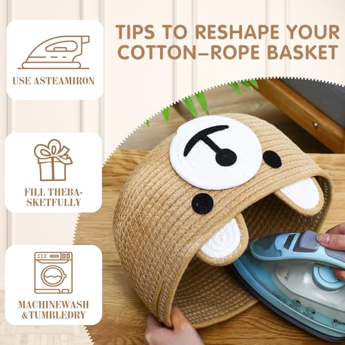 Image of Zopeal Bear Basket Baby Gift Basket for Nursery with Gift Bags and Ribbons, Cotton Rope Woven Organizer for Baby Shower, Living Room Bathroom Decor,10.5 inch D x 8.5 inch H(Khaki)