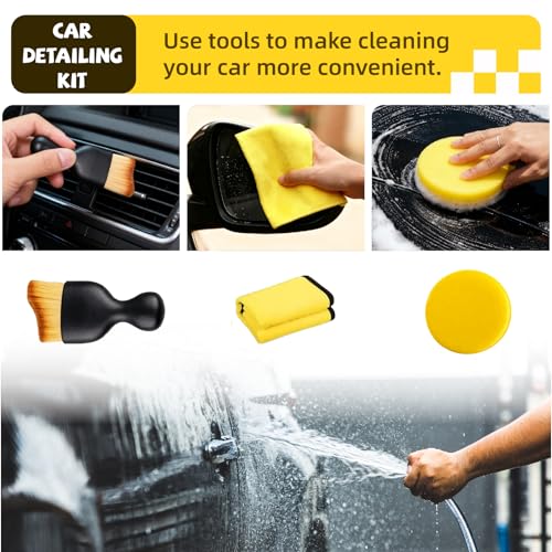 MEETOZ Kit de nettoyage de voiture 32 pièces, kit de lavage intérieur et extérieur avec sac, brosses professionnelles de nettoyage intérieur, pour voiture, moto, vélo, extérieur, roues, tableau de – Image 5