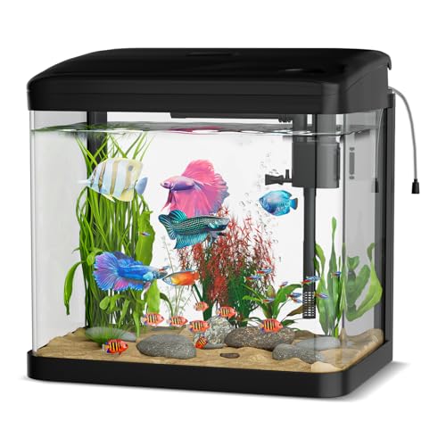 Aquarium Komplettset, GuKKK Nano Aquarium Stabiles Einsteigerbecken mit LED-Beleuchtung und Eingebautem Filtersystem, für Fisch, Aquariu Becken stoßfest,Schwarz (15L)