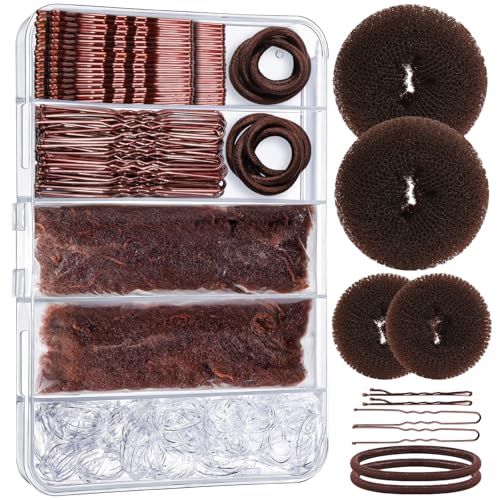 YGDZ 200 PCS Hair Bun Maker Set 4 Pcs Hair Donuts 10 Pcs Brown Hair Nets for Buns 80 Pcs Bobby Pins for Women Girls Elastic Ties Dance Hair Accessories Ballet Bun Kit Brown