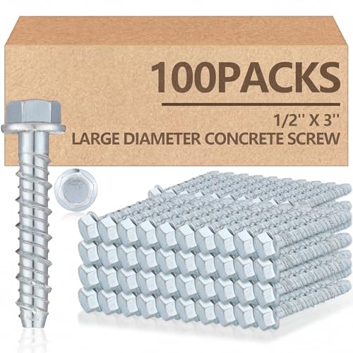 Hicarer Paquete de 100 tornillos de hormigón de 3/8 x 3 pulgadas para anclaje a mampostería, tornillos de mampostería galvanizados de gran diámetro para anclaje, ladrillo, bloque, cubierta y marco