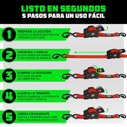 Miniatura 6 de Correas De Amarre Con Trinquete Retráctiles Paquete De 2 : Resistencia Máxima A La Rotura De 540 Kg, Incluye 2 Correas De Amarre Autoretráctiles De 2.5 Cm X 3 M Con Asas Acolchadas - Rojo