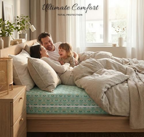 Image of VAS COLLECTIONS Premium Cotton Printed Mattress Protector with Zipper | 360 All-Around Encasing Bed Cover for Complete Protection | Single Mattress Cover 72x36+6 Inches (6 x 3 Feet) (Sage Green)