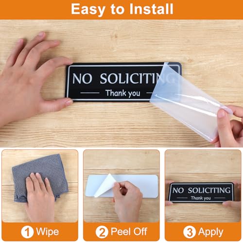 Image of MOWPOG 2 Pack No Soliciting Sign Sticker for House Front Door, Black /White | 7.9 inchx2.8 inch Thick Acrylic, Strong Self-Adhesive, Weatherproof & Sturdy, for Home, Office, Wall, Keep Solicitors Away