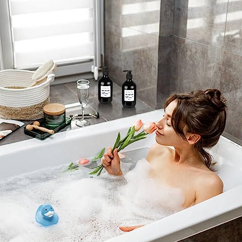 4 Stück Nachfüllbare Leere Shampooflaschen, 500 ml Seifenspender Flaschen, Kunststoff Pumpflaschen Lotionspender für Flüssigseife Shampoo Conditioner Duschgel, Aufkleber. (Schwarz)