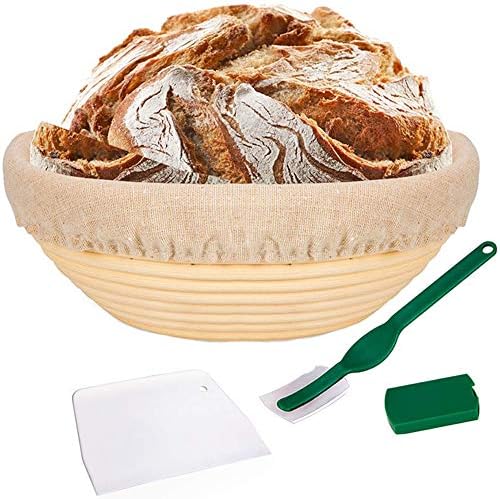 10 Inch Bread Banneton Proofing Basket Set - with Cloth Liner, Dough Scraper and Bread Lame for Professional & Home Bakers