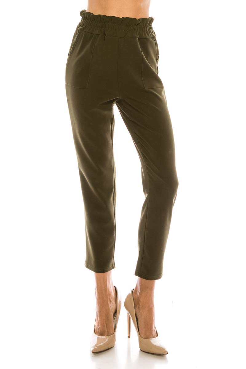 LA12ST Womens Cropped Paper Bag Waist Pants with Pockets