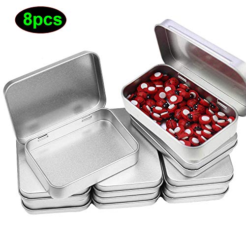 CAILI 8 Pack 4.52 x 3.35 x 0.87 Inch Tins Container Rectangular Hinged Containers Small Storage Kit Silver Metal Empty Mini Portable Tin Box,Jewelery and Storage Tin Kit, Home Organizer