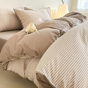 Nesture Bettwäsche 135x200 Baumwolle Gestreift Beige - Bettwäsche-Sets 2teilig Weich, 100% Gewaschene Baumwoll, Enthält 1 Bettbezug 135 x 200cm und 1 Kissenbezug 80x80 mit Reißverschluss