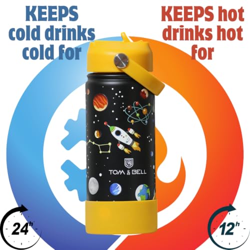Image of TOM & BELL Insulated Water Bottle for Kids 500ml,Double Wall Water Bottle for School, Sipper Bottle,Hot and Cold, Premium 304 Stainless Steel (Pitch Black, 500ml)