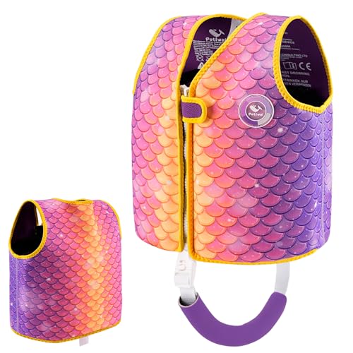 Pottwal Swim Vest for Kids - Swim Jacket for 1-2 Years (24-33LBS) - Buoyancy Aid Made of Neoprene & EPE - with Adjustable Crotch Strap 8 Pockets - Purple Mermaid Scales Medium